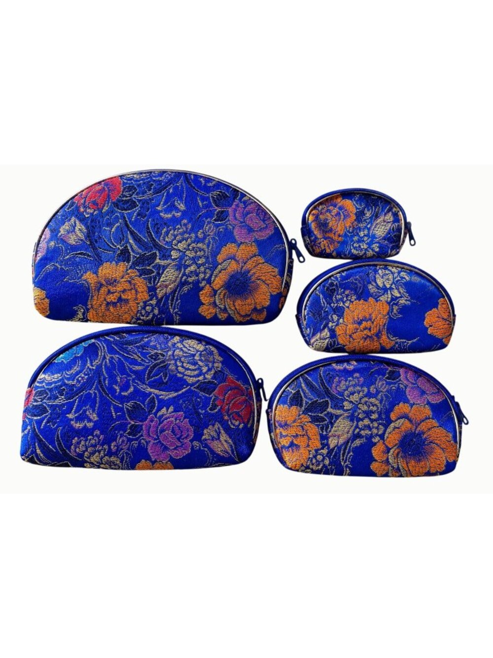 NEW 5pc Royal Blue Floral Brocade Cosmetic Makeup Bag Travel Pouch Set